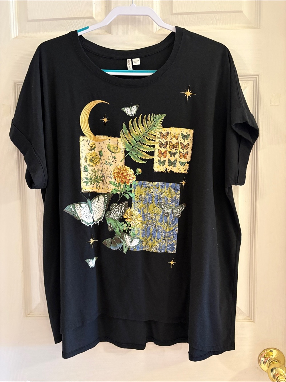 Black Graphic  Tee with Gold Moon & Butterfly Print
